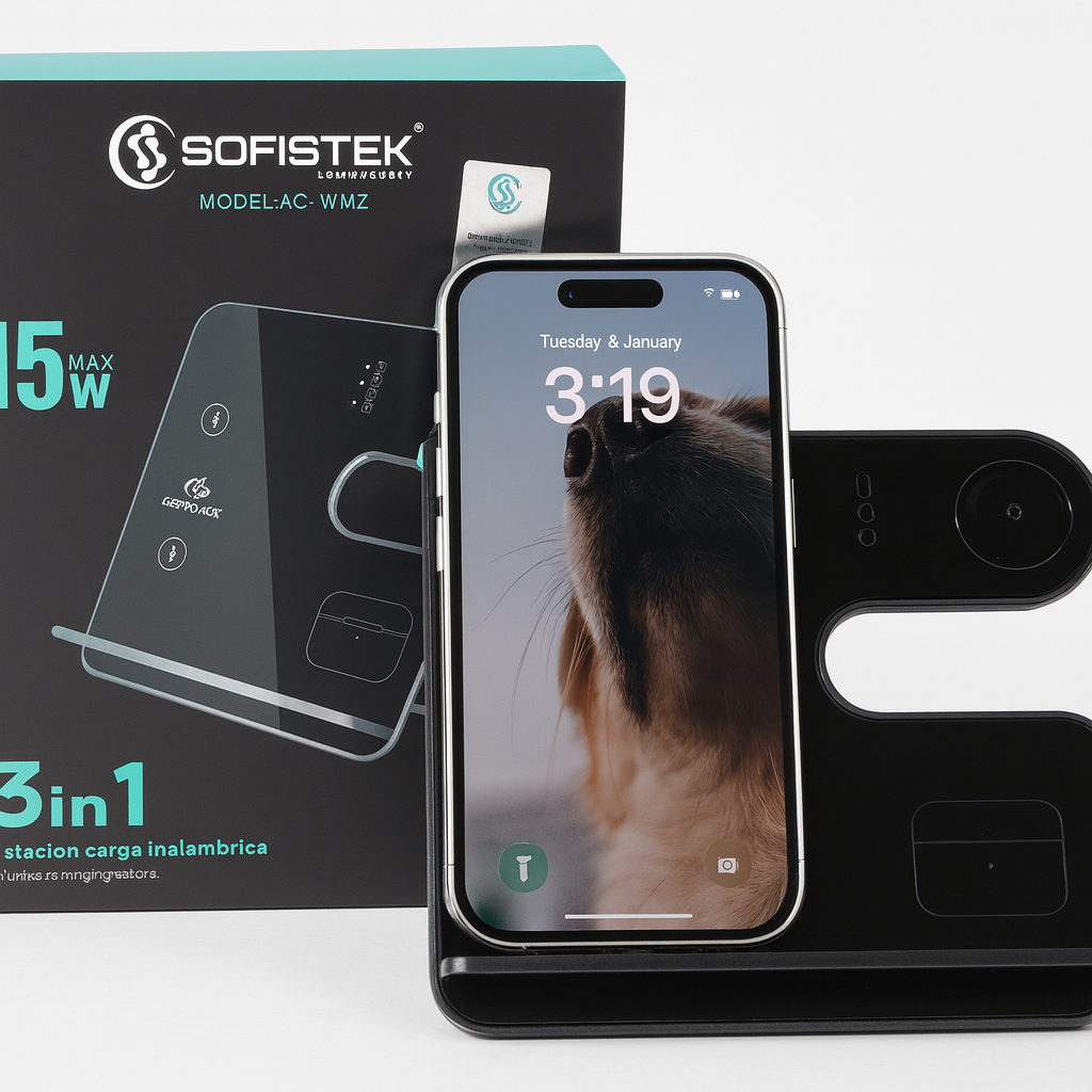 Estación de Carga Inalámbrica 3 en 1 SOFISTEK AC-WM2  15W para Smartphone, Smartwatch y Audífonos
